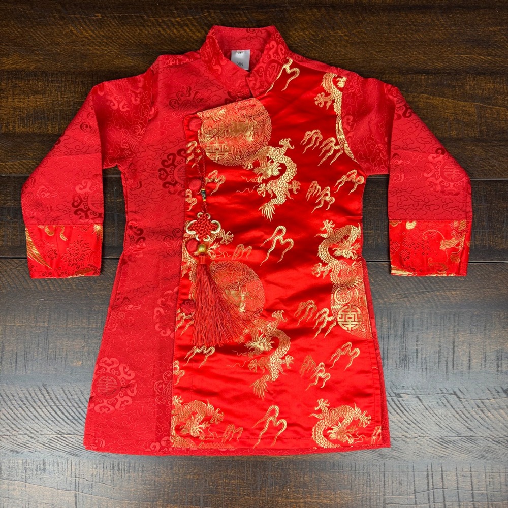 Kids Red Gold Dragon Tang Suit Qipao Dress Size 3 Mandarin Collar Asian New Year